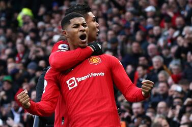 Manchester United's Marcus Rashford (front) celebrates scoring the 2-1 lead during the English Premier League soccer match between Manchester United and Manchester City in Manchester, Britain, 14 January 2023.   EPA/Adam Vaughan EDITORIAL USE ONLY.  No use with unauthorized audio, video, data, fixture lists, club / player publications