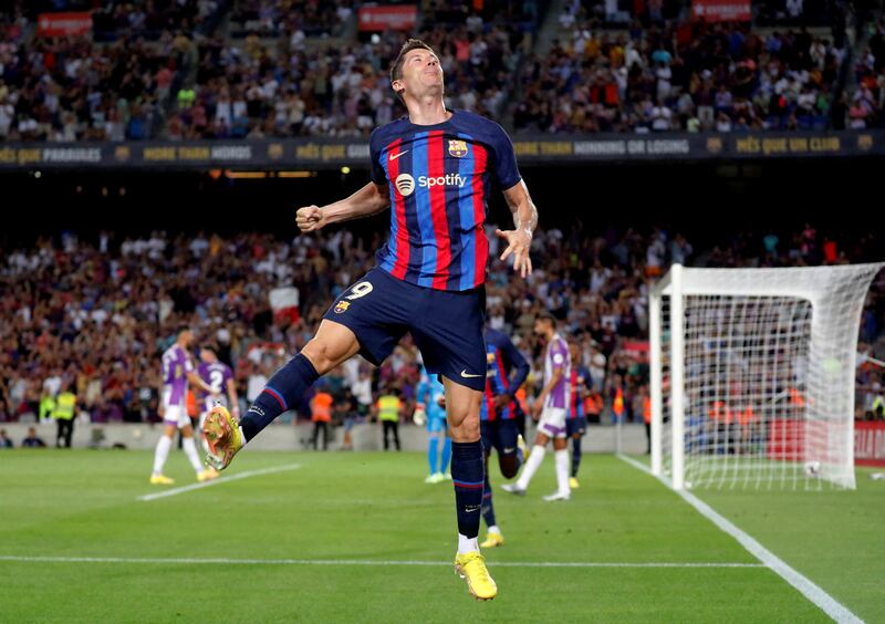 Robert Lewandowski celebrates scoring Barcelona's third goal against Real Valladolid in the match at Camp Nou, Barcelona on August 28, 2022. Reuters
