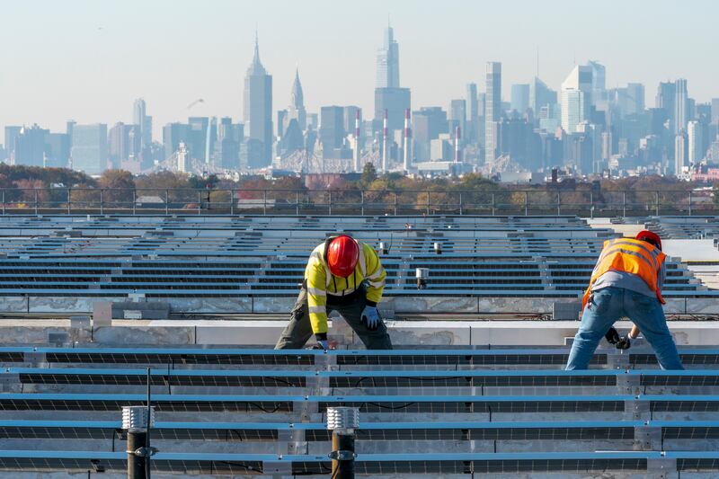 Solar panels being installed on top of LaGuardia Airport in New York. AP