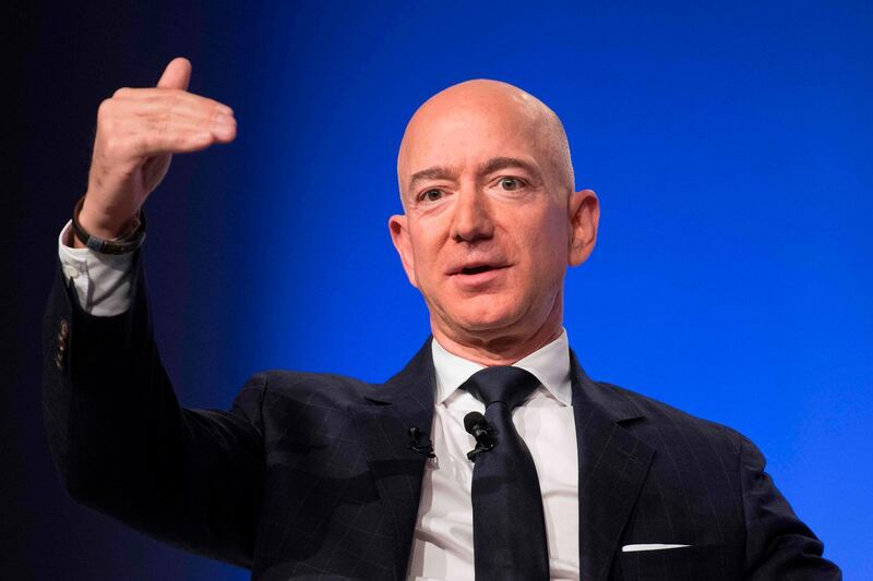 (FILES) In this file photo taken on September 19, 2018 Amazon and Blue Origin founder Jeff Bezos provides the keynote address at the Air Force Association's Annual Air, Space & Cyber Conference in Oxen Hill, Maryland. Amazon founder Jeff Bezos, rated the world's wealthiest person, announced on January 9, 2019 on Twitter that he and his wife Mackenzie Bezos were divorcing after a long separation. "We want to make people aware of a development in our lives," Jeff Bezos, 54, and MacKenzie Bezos, 48, said in joint statement posted to Bezos' Twitter feed.
 / AFP / Jim WATSON
