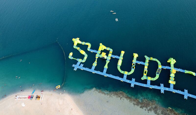 A floating blow-up water park spells 'Saudi Arabia' in English letters at Pure Beach in King Abdullah Economic City, about 125 kilometres south of Jeddah's city centre, on the Red Sea. All photos: AFP