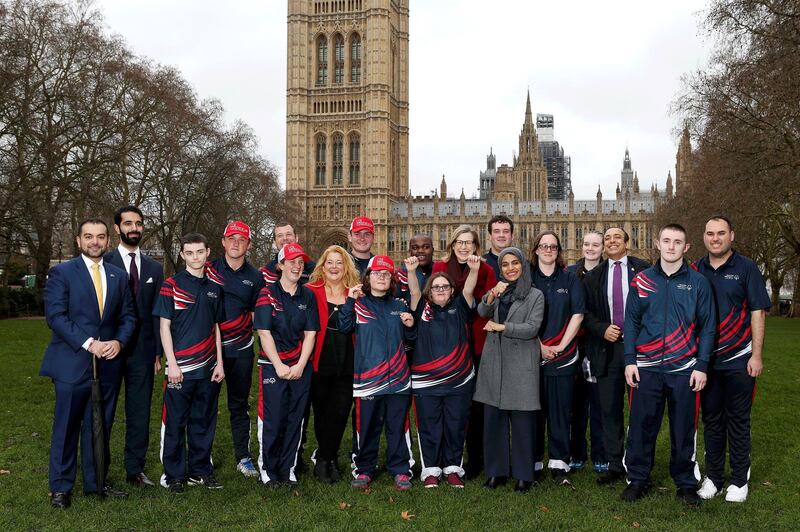 LONDON, ENGLAND - MARCH 06: MP Sarah Newton, Minister of State for Disabled People, Health and Work, met with athletes from the Special Olympics GB team to wish them good luck as they depart to Abu Dhabi to compete in the World Games. Joining the send-off was Michelle Carney, CEO of SOGB and members of the UAE Embassy H.E. Rawdha Al Otaiba, Deputy Head of UAE Mission, Mr Marwan Al Naqbi, Head of UAE Economic Affairs and Mr Ahmed Al Abdooli, Head of UAE Political Affairs on March 06, 2019 in London, England. (Photo by Jack Thomas/Getty Images for Special Olympics World Games Abu Dhabi)