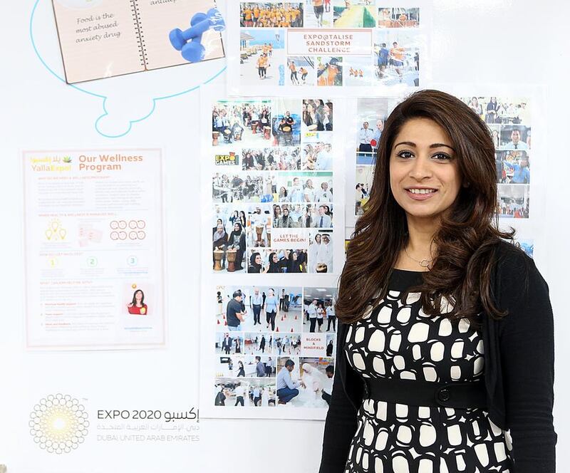 Kimi Sokhi, the manager of employee engagement and well-being at Expo 2020 Dubai for the past year, says well-being is a “critical part” of the exposition’s preparations. Satish Kumar / The National