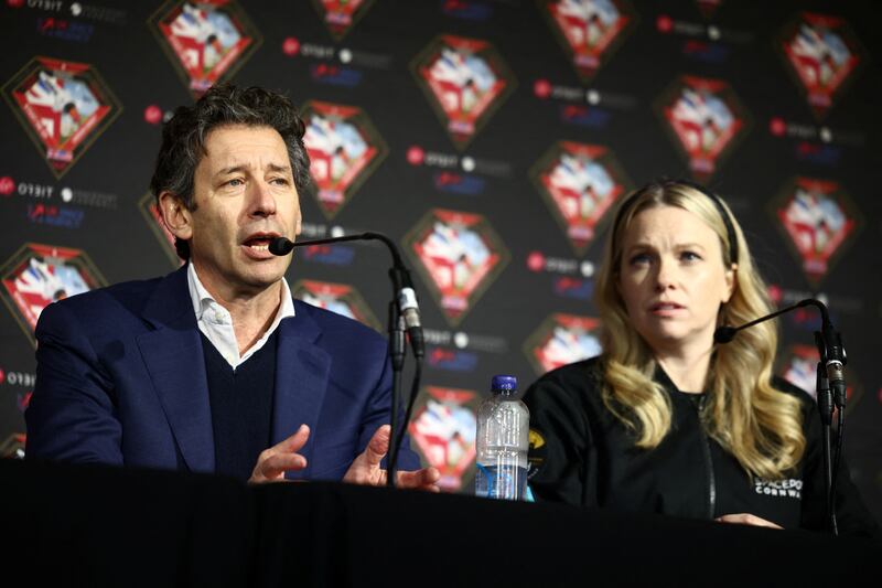 Chief executive of Virgin Orbit Dan Hart and the head of Spaceport Cornwall Melissa Thorpe in south-west England for the launch. Reuters