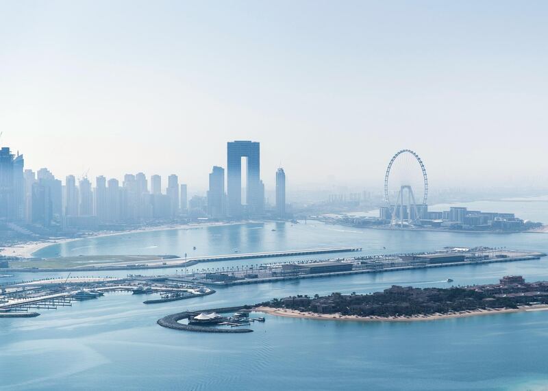 DUBAI, UNITED ARAB EMIRATES. 18 JANUARY 2021. 
Dubai skyline seen from St Regis hotel on the Palm Jumeirah.
(Photo: Reem Mohammed/The National)

Reporter:
Section: