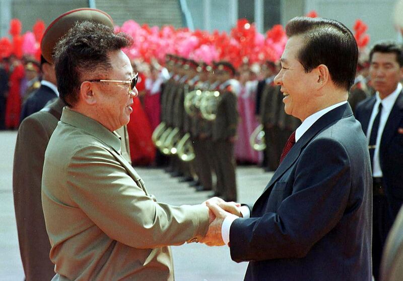 FILE - In this June 13, 2000 file photo, then North Korean leader Kim Jong Il, left, and then South Korean President Kim Dae-jung shake hands in Pyongyang.  Although the moment, protagonists and locations become enshrined in history books, major summits hold no guarantee of further progress. In some cases, the summit is as good as it gets as relations remain stagnant or plummet further.   (Yonhap/Pool Photo via AP, File)