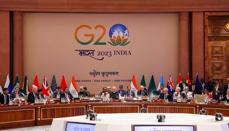India's Prime Minister Narendra Modi addresses the G20 Leaders' Summit at the Bharat Mandapam in New Delhi. AFP