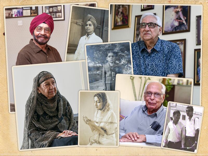 UAE residents, clockwise from top left, Narindra Singh Pujji, Vinay Varma, Muljimal Chachara and Dr Rafeeya Sultan Pasha, alongside photographs of them when they were young. All four witnessed the turmoil the 1947 India-Pakistan partition. Khushnum Bhandari and Victor Besa / The National