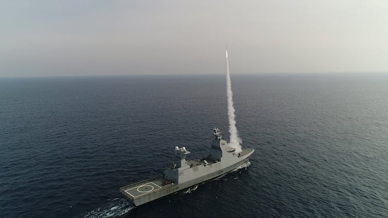 A C-Dome missile is launched from an Israeli Sa'ar 6-class warship during live fire tests. Getty Images