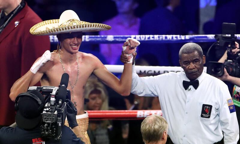 Sebastian Fundora (left) celebrates defeating Daniel Lewis on points in the super welter weight bout at the MGM Grand, Las Vegas.  PA wire