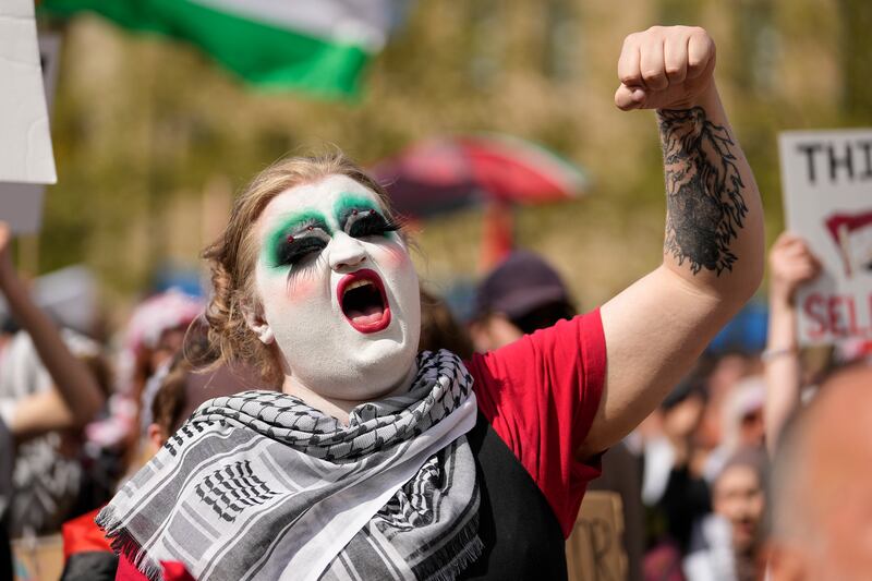 A supporter of Palestine protests against the participation of Israeli contestant Eden Golan in the Eurovision Song Contest. AP