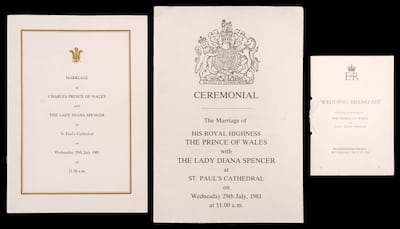 Printed ceremonial programmes of the wedding of Prince Charles and Lady Diana, presented as part of an auction of their wedding memorabilia