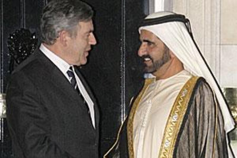 Sheikh Mohammed bin Rashid, Vice President of the UAE and Ruler of Dubai, meets the British prime minister Gordon Brown at 10 Downing Street in London. During his visit Sheikh Mohammed also met Queen Elizabeth II.