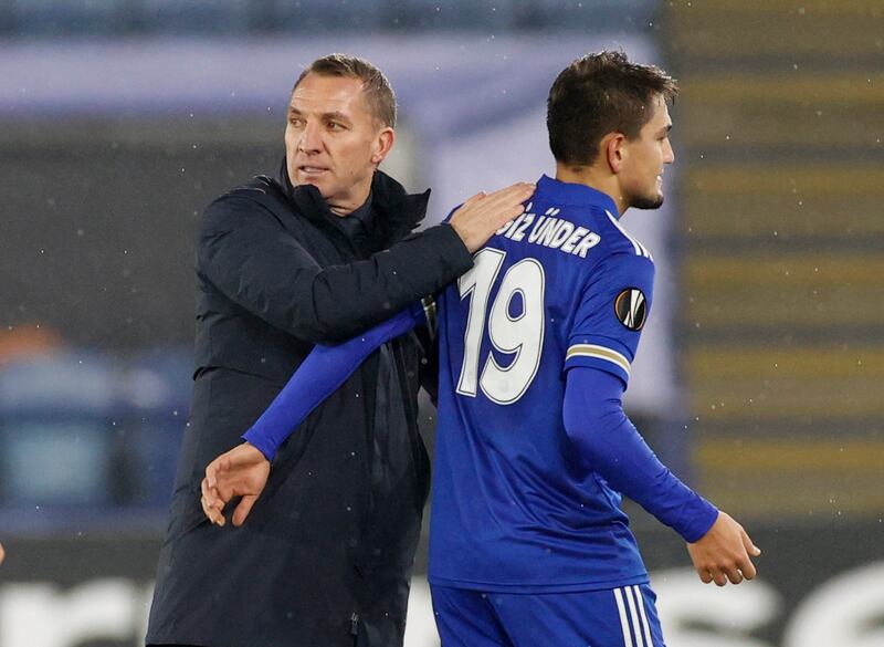 Leicester City manager Brendan Rodgers with goalscorer Cengiz Under after their 2-0 Europa League victory over AEK Athens on Thursday, December 10. Reuters