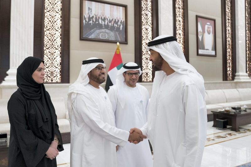 ABU DHABI, UNITED ARAB EMIRATES - June 05, 2018: HH Sheikh Mohamed bin Zayed Al Nahyan Crown Prince of Abu Dhabi Deputy Supreme Commander of the UAE Armed Forces (R), greets a member of the Family Development Foundation, during an iftar reception at Al Bateen Palace. 


( Mohamed Al Hammadi / Crown Prince Court - Abu Dhabi )
---