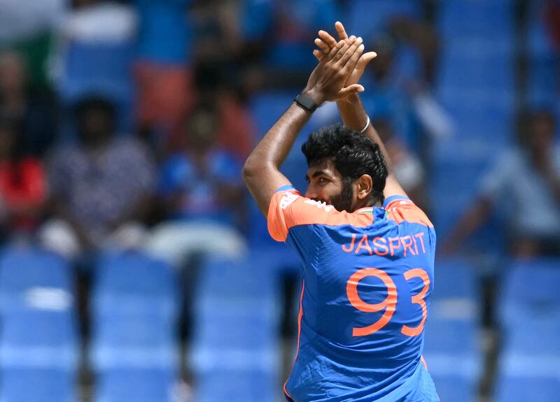 India's Jasprit Bumrah celebrates the wicket of Bangladesh's captain Najmul Hossain Shanto. AFP
