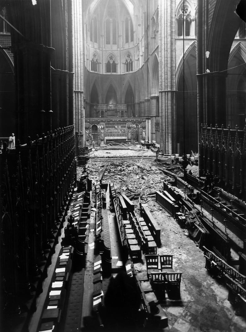 The interior of Westminster Abbey after a German bombing raid in 1941 during the Second World War