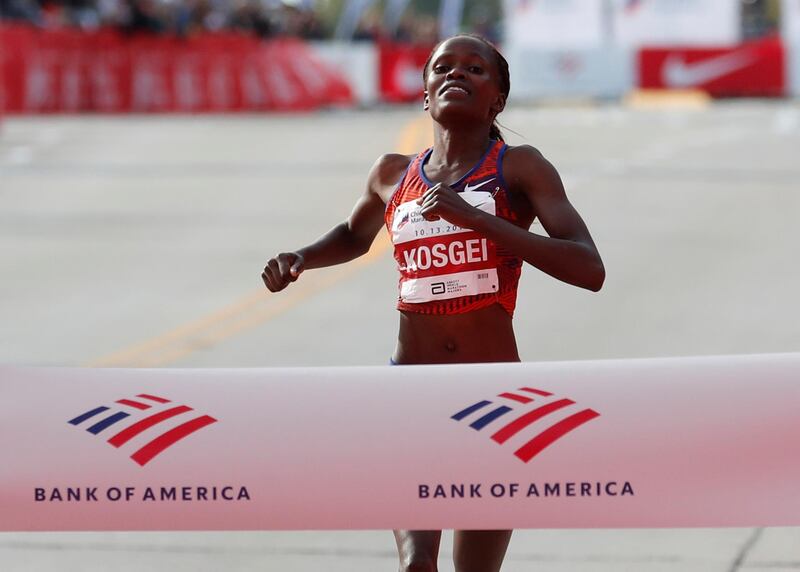 Kenya's Brigid Kosgei wins the Chicago women's marathon setting a new world record. Reuters