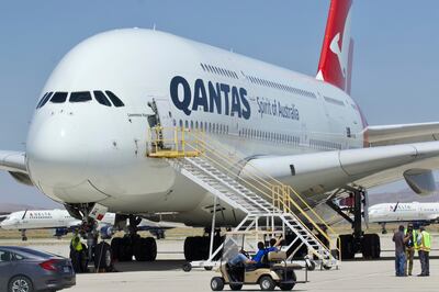 A Qantas Airbus A380 arrives at Southern California Logistics Airport in Victorville, California, US, in December 2021. AP