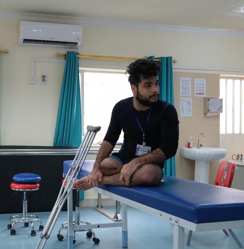 Seif Salman awaits a physiotherapist for treatment ahead of having a prosthetic leg fitted. Ameer Hazim for The National