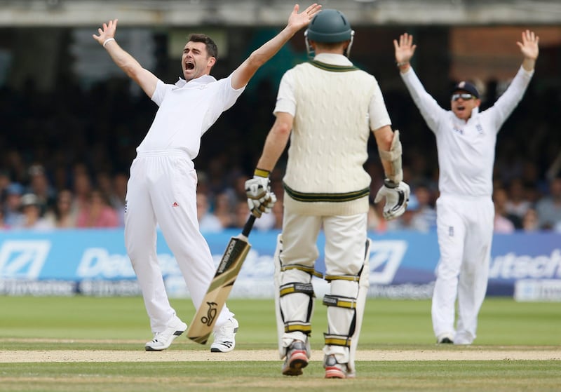 England's James Anderson, left, appeals successfully the LBW of Australia's Shane Watson during day four of the second Ashes Test match held at Lord's cricket ground in London, Sunday, July 21, 2013. (AP Photo/Kirsty Wigglesworth) *** Local Caption ***  Britain Cricket England Australia .JPEG-0c5aa.jpg
