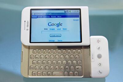 The new G1 phone running Google's Android software is displayed in New York September 23, 2008. T-Mobile USA, a Deutsche Telekom AG unit, will sell the first phone powered by Google Inc's Android operating system under the brand name T-Mobile G1, said its partner Amazon.com Inc on Tuesday.  REUTERS/Jacob Silberberg (UNITED STATES) - GM1E49O002701