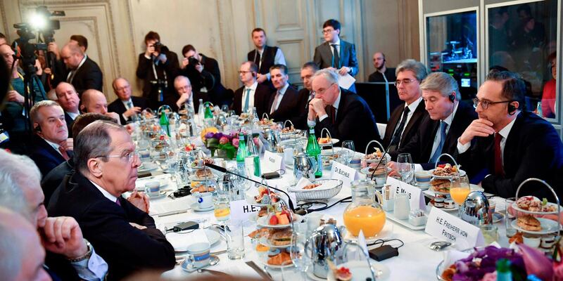 Foreign Ministers from Germany, Heiko Maas and Russia's Sergey Lavrov attend  a breakfast on day two of the Munich Security Conference. AFP