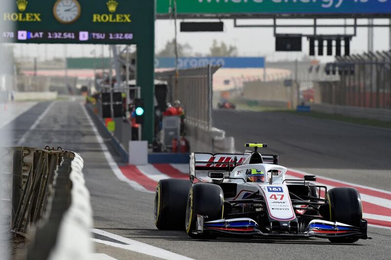 Haas' Mick Schumacher exits the pits during the second day of the Formula One pre-season testing at the Bahrain International Circuit. AFP