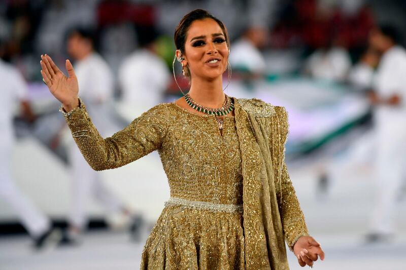 Yemeni singer Balqees Fathi performs during the opening ceremony for the 2019 AFC Asian Cup football competition prior to the game between United Arab Emirates and Bahrain at the Zayed sports city stadiuam in Abu Dhabi on January 05, 2019. / AFP / Khaled DESOUKI
