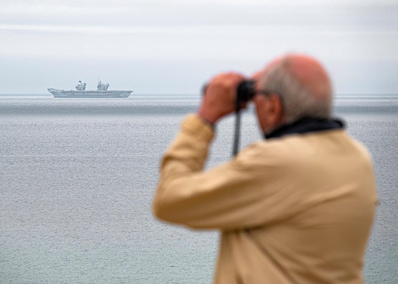 HMS The Prince of Wales aircraft carrier patrolling the waters off of St Ives. EPA