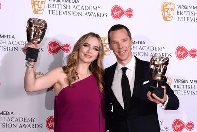 LONDON, ENGLAND - MAY 12:  Jodie Comer, winner of the Best Leading Actress Award for 'Killing Eve' and Benedict Cumberbatch, winner of the Best Leading Actor Award for 'Patrick Melrose' in the Press Room at the Virgin TV BAFTA Television Award at The Royal Festival Hall on May 12, 2019 in London, England. (Photo by Jeff Spicer/Getty Images)