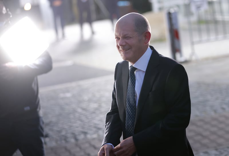 SDP candidate Olaf Scholz arrives for the final televised election debate in Berlin. Photo: Getty