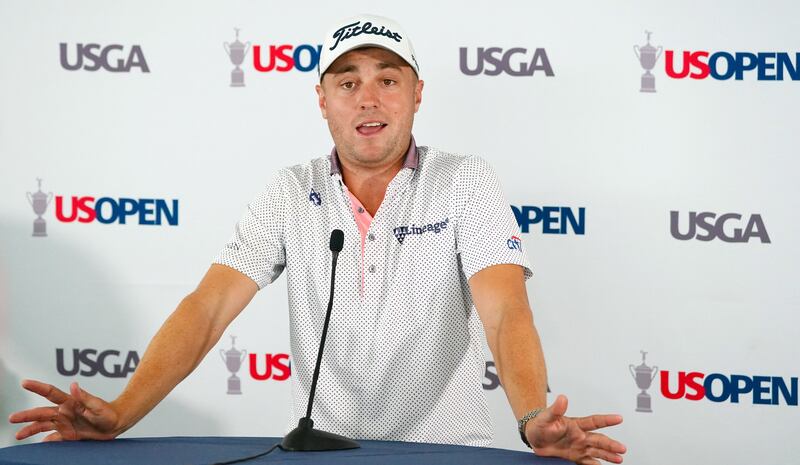 Justin Thomas addresses the media during a press conference before the US Open golf tournament at The Country Club. Reuters