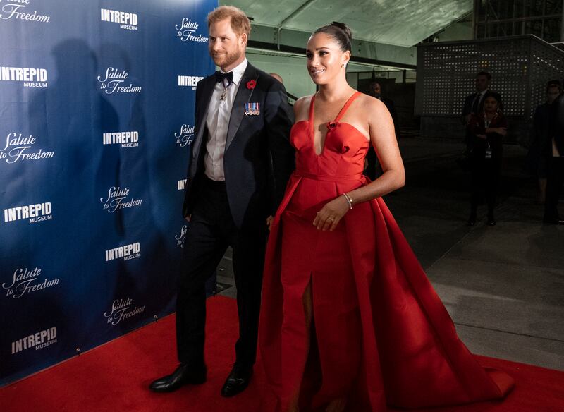 Prince Harry and Meghan Markle, the Duke and Duchess of Sussex, arrive at the Intrepid Sea, Air & Space Museum for the Salute to Freedom Gala Wednesday, November 10, 2021, in New York. AP