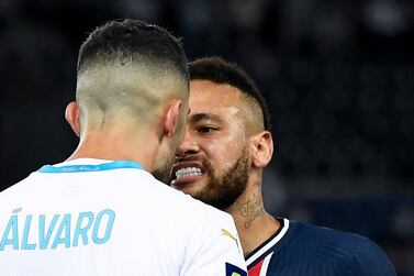 PSG star Neymar argues with Marseille's Alvaro Gonzalez during the  Ligue 1 match at the Parc des Princes. EPA