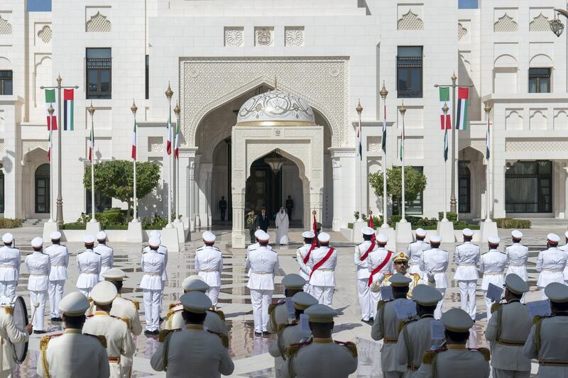 ABU DHABI, UNITED ARAB EMIRATES - November 15, 2018: HH Sheikh Mohamed bin Zayed Al Nahyan Crown Prince of Abu Dhabi Deputy Supreme Commander of the UAE Armed Forces (center R) and HE Giuseppe Conte, Prime Minister of Italy (center 2nd R), stand for the national anthem, during a reception held at the Presidential Palace.

( Rashed Al Mansoori / Ministry of Presidential Affairs )
---