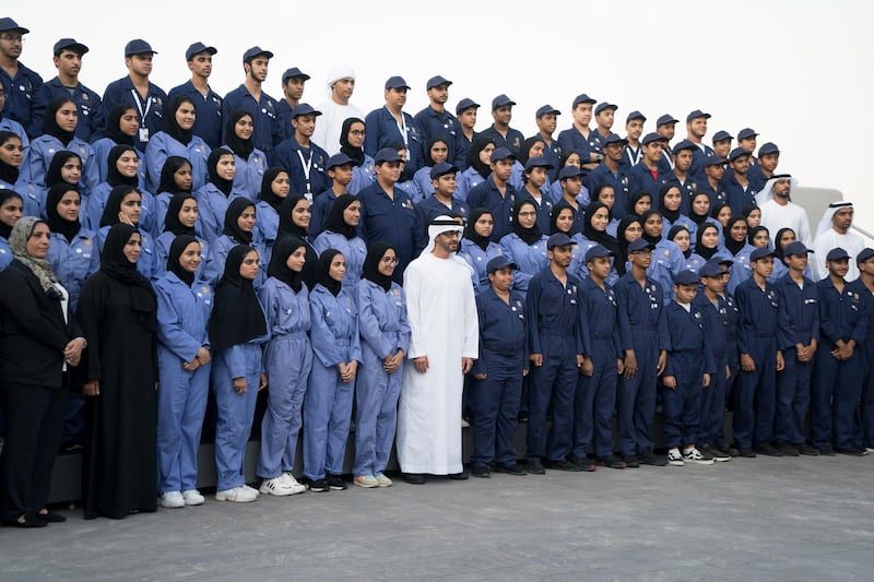 ABU DHABI, UNITED ARAB EMIRATES - August 06, 2019: HH Sheikh Mohamed bin Zayed Al Nahyan, Crown Prince of Abu Dhabi and Deputy Supreme Commander of the UAE Armed Forces (C), stands for a group photo with Ministry of Education 'Giving Ambassadors', during a Sea Palace barza.

( Rashed Al Mansoori / Ministry of Presidential Affairs )
---