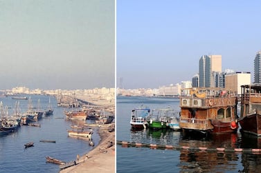 Dubai Creek in 1966 and again in March 2021. Courtesy John Vale and Chris Whiteoak / The National