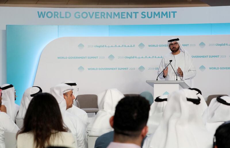 DUBAI , UNITED ARAB EMIRATES , January 30 – 2019 :- Mohammad Abdulla Al Gergawi , Minister of Cabinet Affairs and the Future of the United Arab Emirates speaking during the World Government Summit press conference held at the Boulevard at Emirates Towers in Dubai. ( Pawan Singh / The National ) For News. Story by Patrick