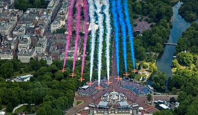 The Red Arrows perform a flypast over Buckingham Palace to mark Queen Elizabeth II's platinum jubilee. AP