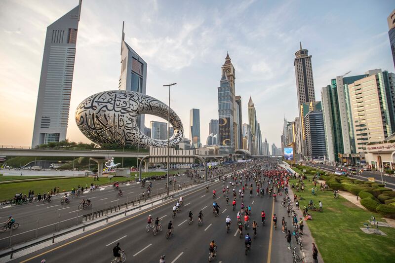 Cyclists on Sheikh Zayed Road for the  Dubai Ride, part of the Dubai Fitness Challenge. Ruel Pableo for The National