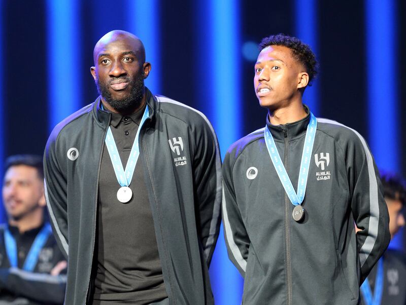 Al Hilal's Moussa Marega and Nasser Aldawsari on stage after arriving in Riyadh. Reuters