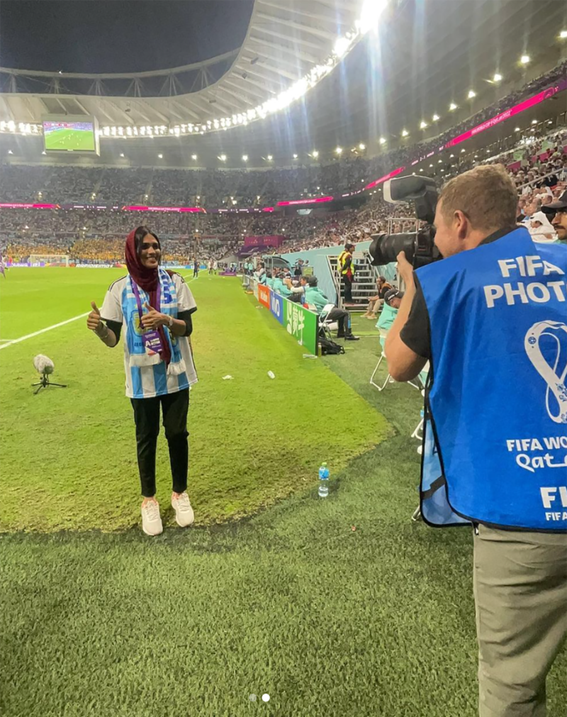 Ms Noushi said she got pitchside at the Ahmad bin Ali Stadium, in Umm Al Afaei, during the match between Argentina and Australia, thanks to Qatar National Bank, a supporter of the tournament. Argentina won 2-1
