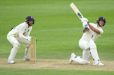 SOUTHAMPTON, ENGLAND - JULY 03: Ben Stokes of England hits a six during Day Three of the England Warm Up Match at the Ageas Bowl on July 03, 2020 in Southampton, England. (Photo by Stu Forster/Getty Images for ECB)