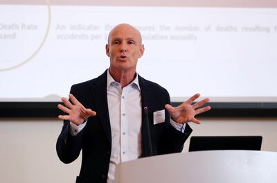 ABU DHABI , UNITED ARAB EMIRATES, September 18 , 2018 :- Thomas Edelmann , Road Safety UAE speaking in the Road Safety conference held at the New York University in Abu Dhabi. ( Pawan Singh / The National )  For News. Story by Patrick