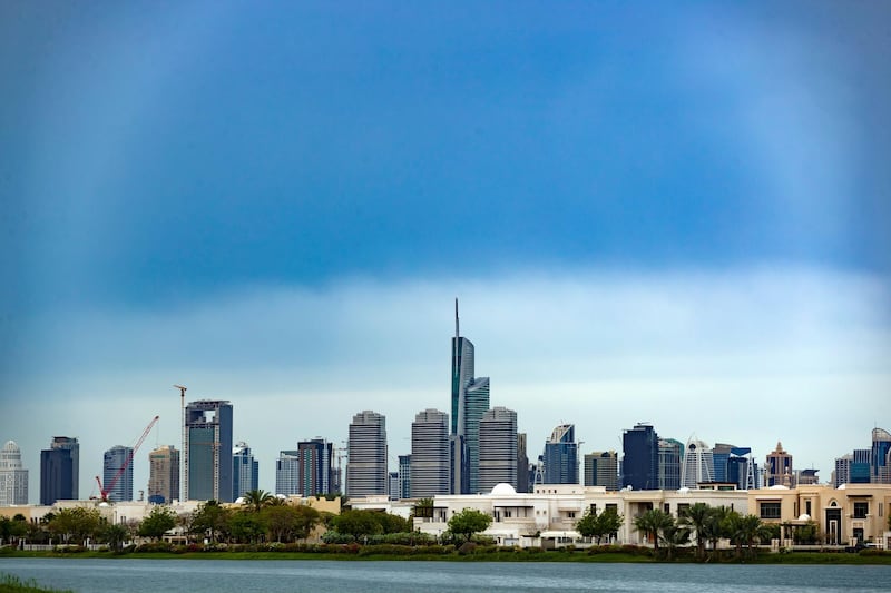 Dubai, United Arab Emirates - April 10, 2019: Dark clouds over the Dubai skyline. Wednesday the 10th of April 2019. The Springs, Dubai. Chris Whiteoak / The National