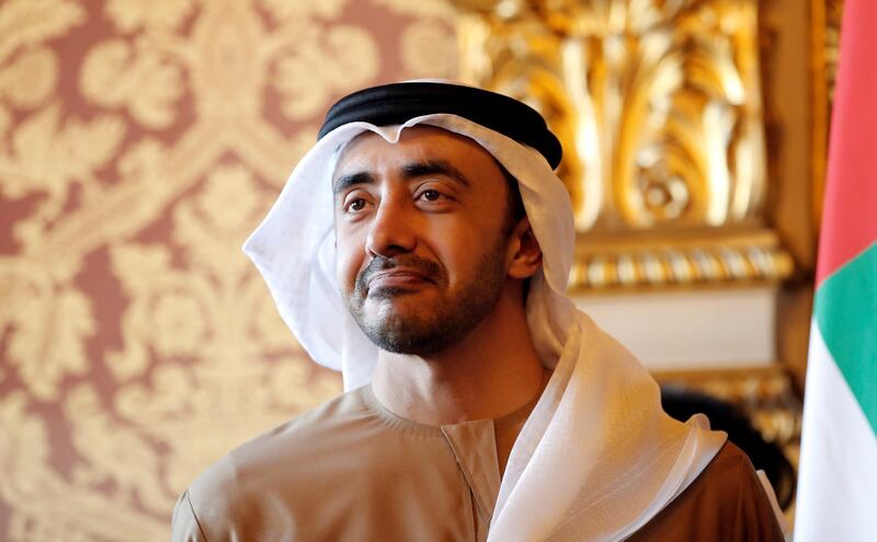 United Arab Emirates Foreign Minister Sheikh Abdullah bin Zayed Al Nahyan, attends a signing ceremony with French Foreign Minister Jean-Yves Le Drian, in Paris, Wednesday, Nov. 21, 2018. (AP Photo/Christophe Ena)