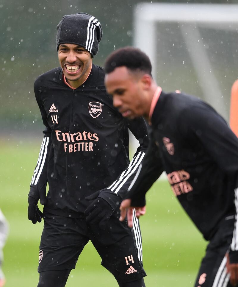 ST ALBANS, ENGLAND - MAY 05: Pierre-Emerick Aubameyang of Arsenal during the Arsenal 1st team training session at London Colney on May 05, 2021 in St Albans, England. (Photo by David Price/Arsenal FC via Getty Images)