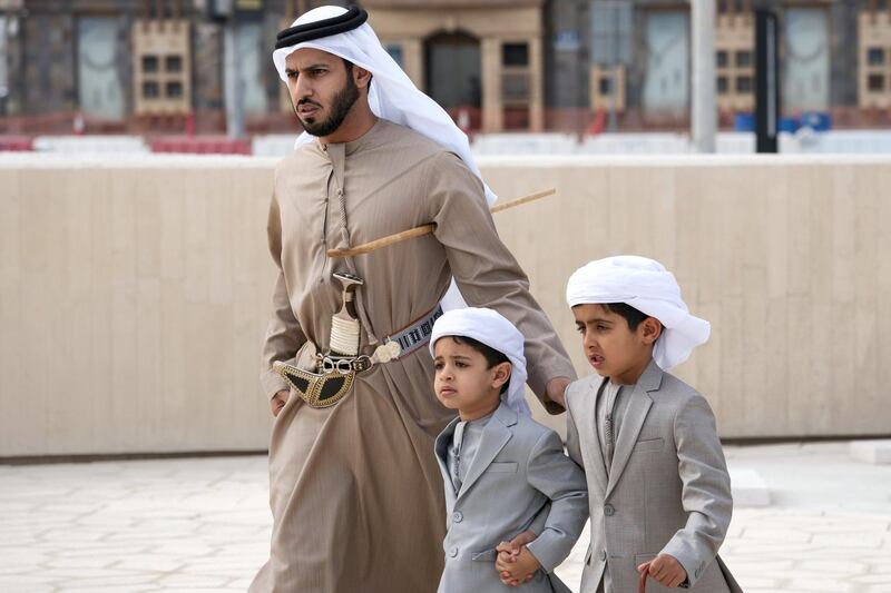 ABU DHABI, UNITED ARAB EMIRATES - February 11, 2020: HH Sheikh Zayed bin Hamad bin Hamdan Al Nahyan (L) and HH Sheikh Suroor bin Mohamed bin Suroor Al Nahyan (R) attend a barza, at Qasr Al Hosn. 

( Mohamed Al Hammadi / Ministry of Presidential Affairs )
---