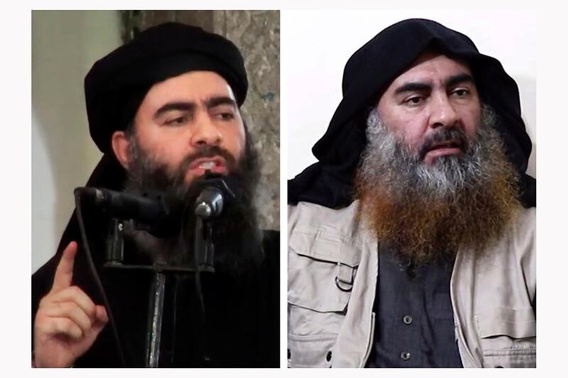 COMBO- This combination of two images made from militant videos posted on militant websites shows Islamic State leader Abu Bakr al-Baghdadi in his first public appearance in Mosul, Iraq on July 5, 2014, left, and at right, on Monday, April 29, 2019, being interviewed by his group's Al-Furqan media outlet. Al-Baghdadi acknowledged in his first video since June 2014 that IS lost the war in the eastern Syrian village of Baghouz that was captured last month by the Kurdish-led Syrian Democratic Forces. (militant video via AP)